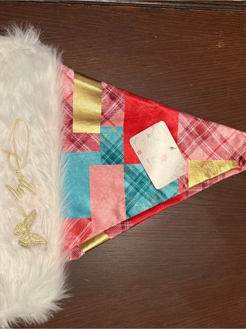Dllly Parton Holiday Coat of Many Patchwork Santa Hat White Faux Fur Trim